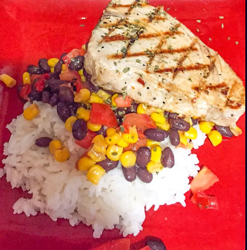Citrus-Lime Tuna with Black Bean Corn Salsa and Rice