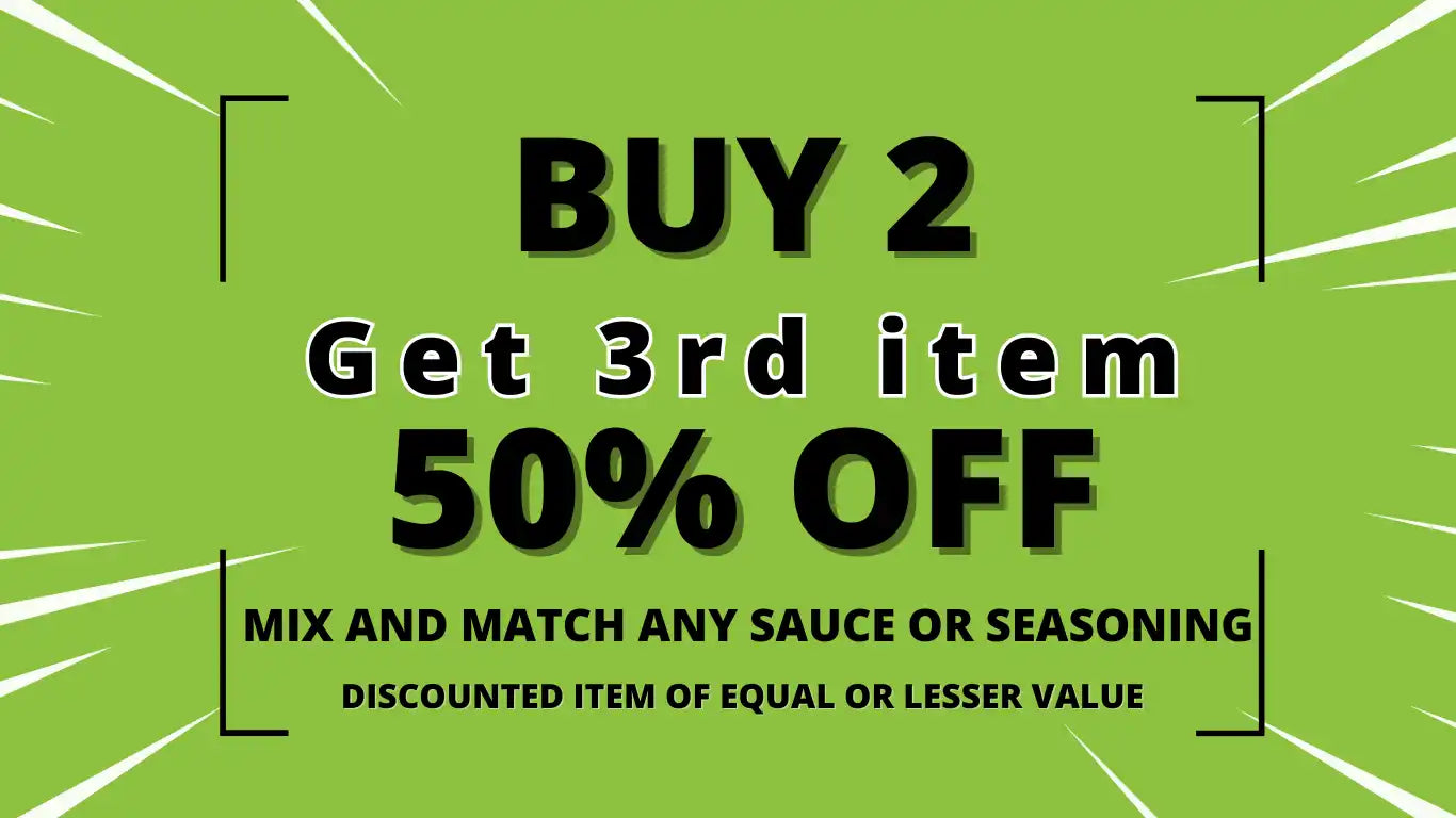 Green promotional banner advertising ’Buy 2, Get 3rd item 50% OFF’ for sauce or seasoning products.