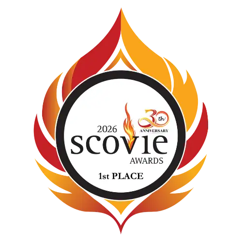 The 2026 scovie awards 1st place emblem features a bold, fiery design with vibrant orange and red flame-like wings surrounding a central white circle that displays the event name and year.