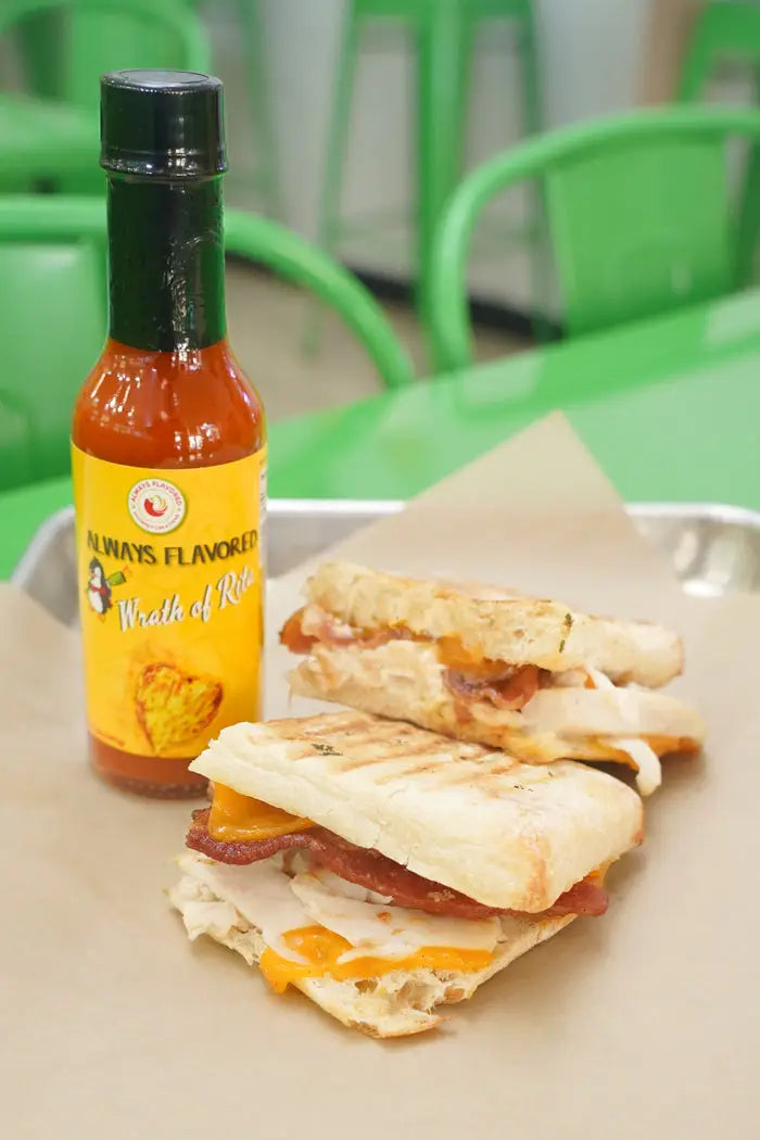 Always Flavored Bistro sandwich with Wrath of Rita hot sauce in Fredericksburg