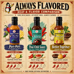 Three always flavored hot sauce bottles in purple peri peri teal thai chili and yellow better together korean bbq sauce flavors