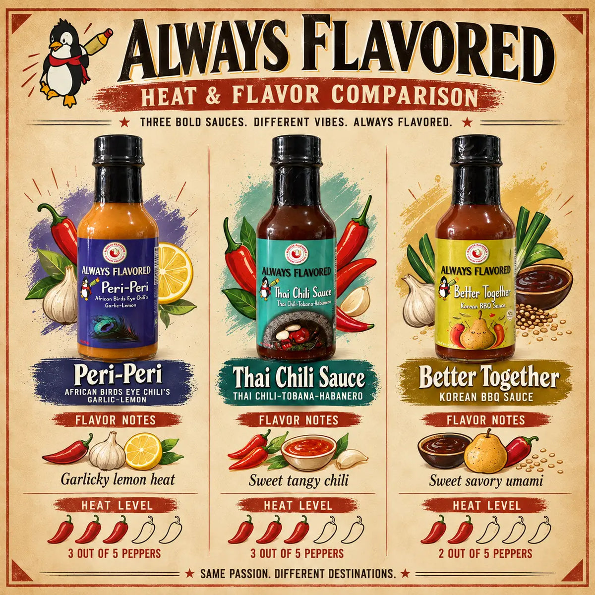 Three always flavored hot sauce bottles in purple peri peri teal thai chili and yellow better together korean bbq sauce flavors