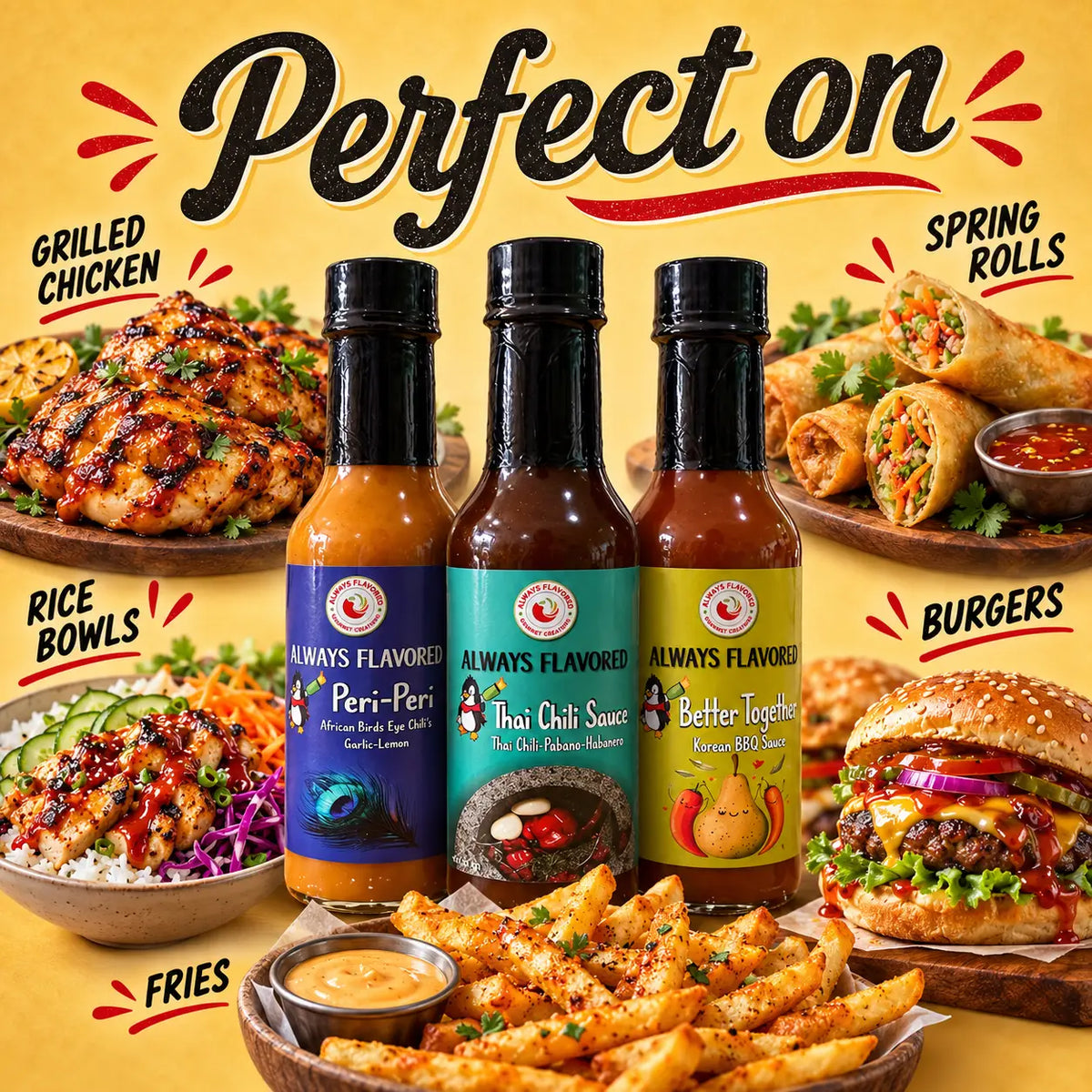 Three glass bottles of always flavored hot sauce in peri-peri thai chili and better together flavors for korean bbq and thai chili use