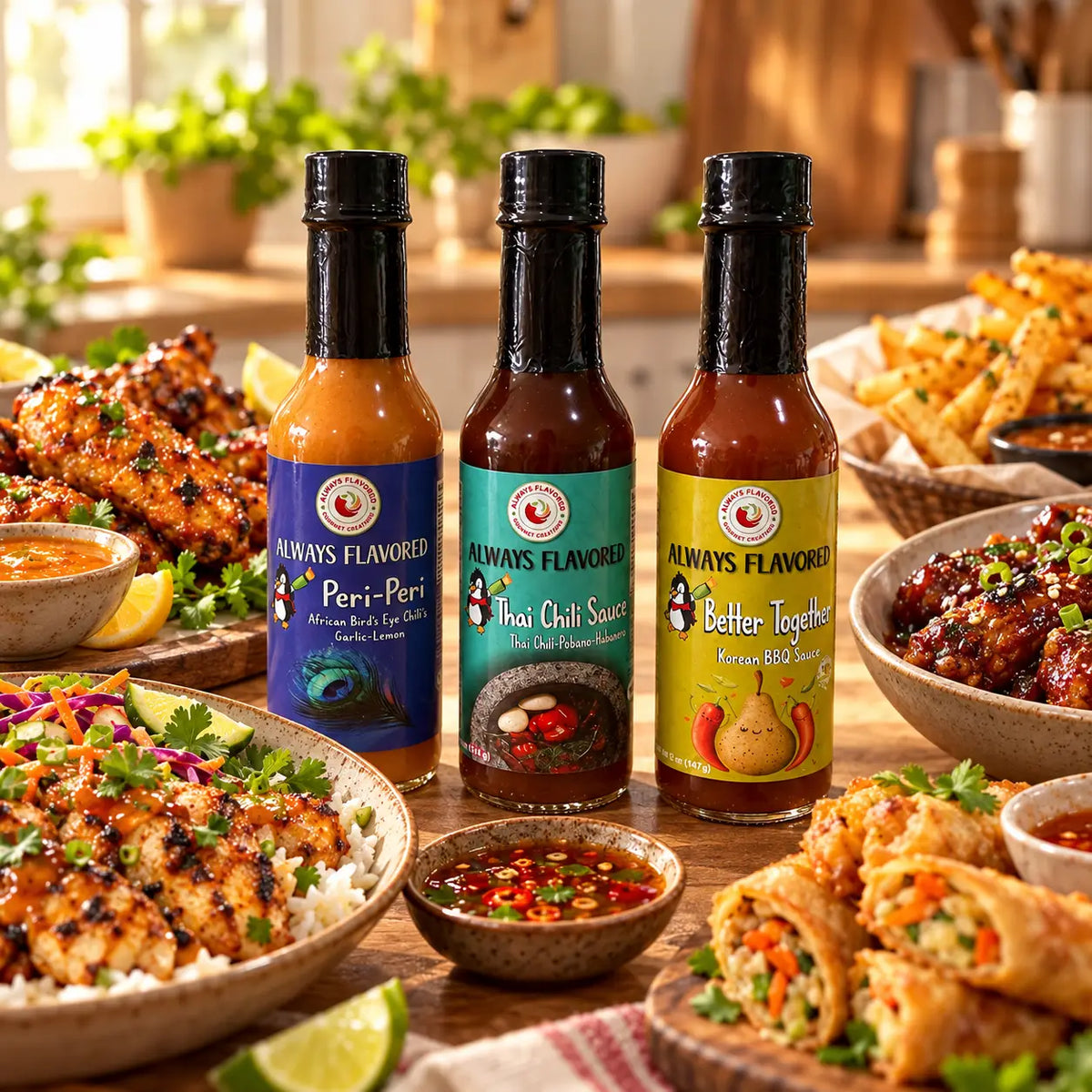 Three glass bottles of always flavored hot sauce around the world flavor flight with thai chili and korean bbq sauce