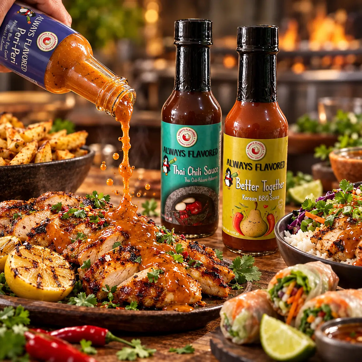 A vibrant orange-red korean bbq sauce pouring from an always flavored bottle onto grilled chicken in flavor flight set