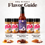 A bottle of sweet virginia love bbq sauce with a purple label and virginia silhouette in a backyard bbq box