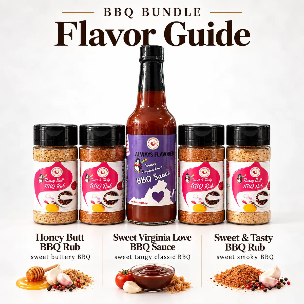 A bottle of sweet virginia love bbq sauce with a purple label and virginia silhouette in a backyard bbq box