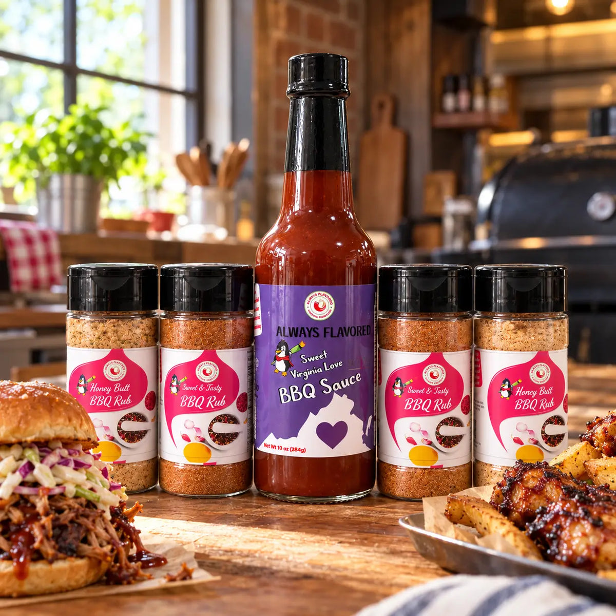 A vibrant purple-labeled glass bottle of sweet virginia love bbq sauce with black cap surrounded by four honey butt bbq rub jars