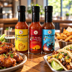 Three bottles of always flavored hot sauce with colorful labels and black caps in the fafo heat pack product lineup