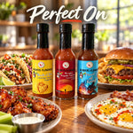 Three flavored hot sauce bottles in fafo heat pack featuring bradys tequila sunrise with vibrant red label