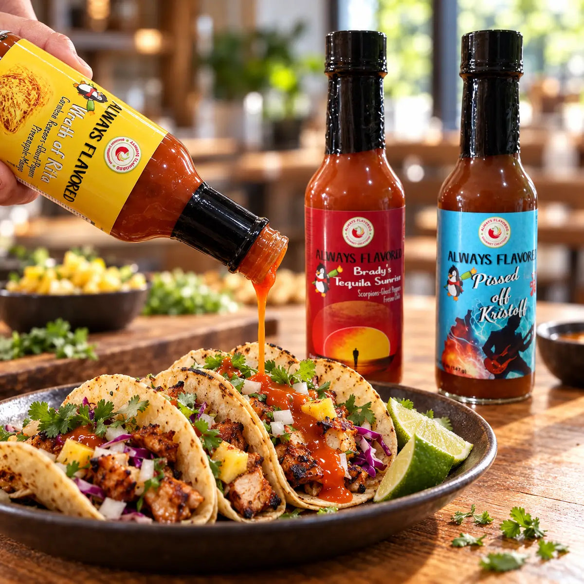 Yellow-labeled fafo heat pack hot sauce bottle with black cap pouring vibrant orange-red sauce over tacos