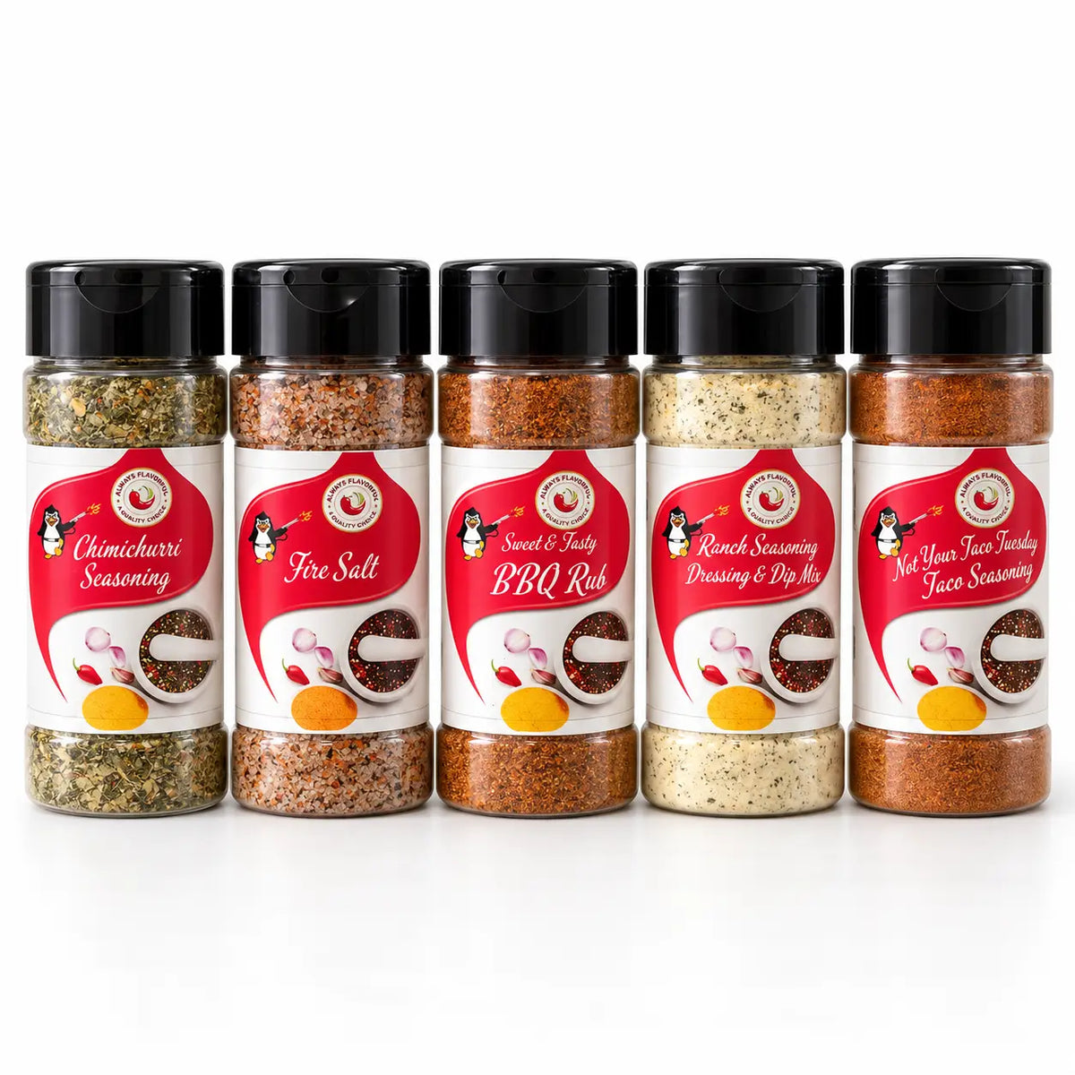 Five clear plastic shakers with black caps and penguin labels in the Flavor First spice rack for tasty bbq and taco tuesday