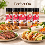 Five clear plastic shaker bottles with black caps and red white labels holding tasty bbq and taco tuesday spice blends in flavor first spice rack