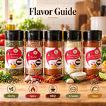 Five clear plastic spice jars with black lids and red and white labels in the Flavor First spice rack for tasty bbq and taco Tuesday