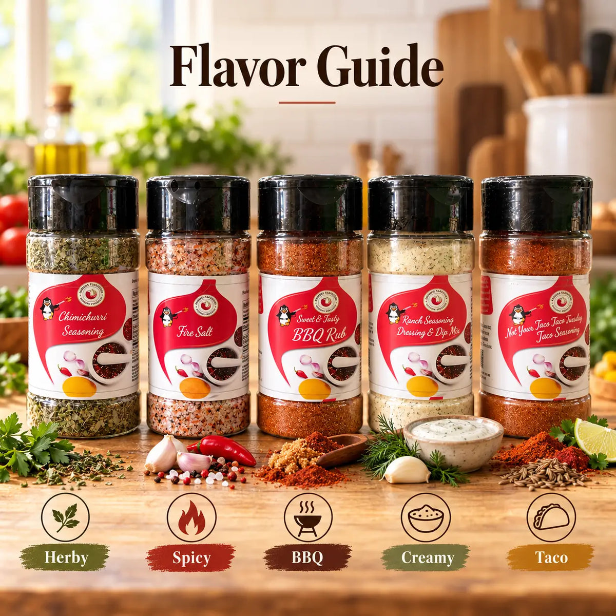 Five clear plastic spice jars with black lids and red and white labels in the Flavor First spice rack for tasty bbq and taco Tuesday