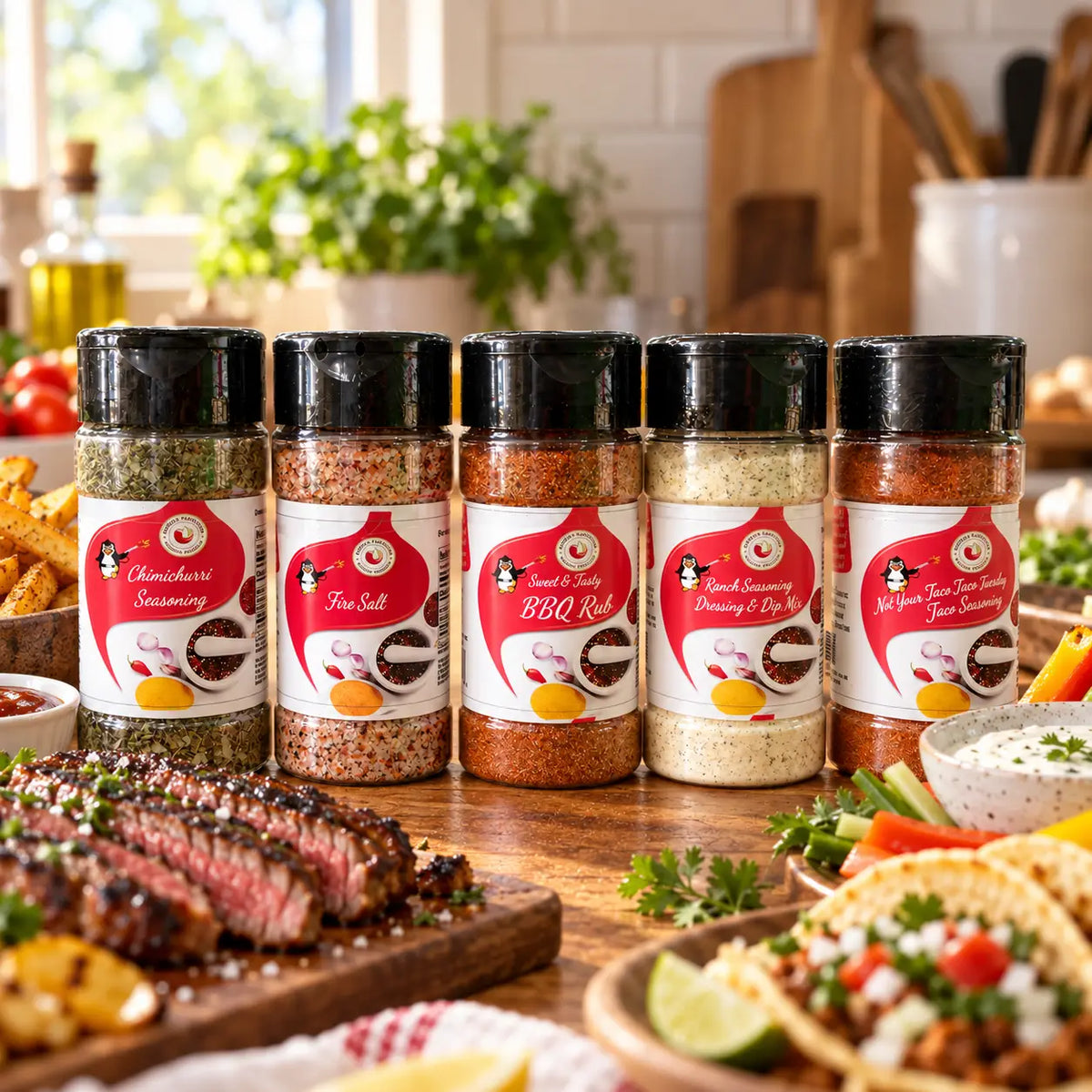 Five clear plastic spice jars with black lids and red labels in flavor first spice rack perfect for tasty bbq and taco tuesday