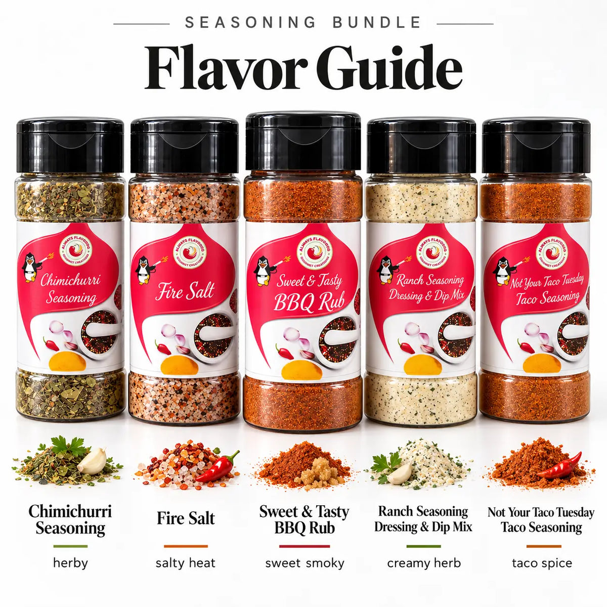 Flavor first spice rack with five clear plastic shakers labeled with penguins perfect for tasty bbq and taco tuesday