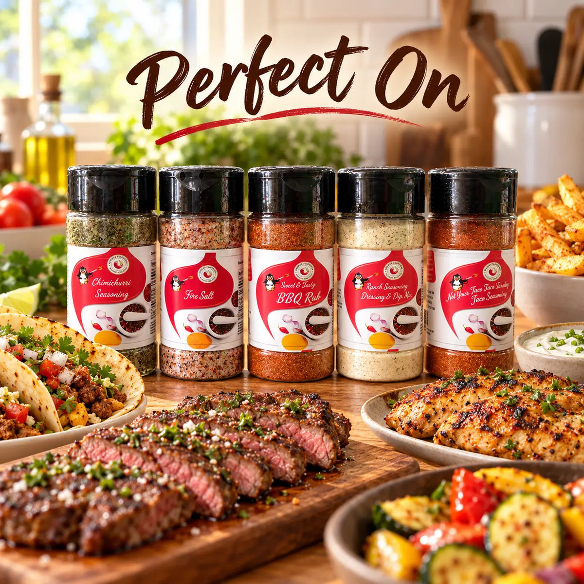 Five clear plastic shakers with black lids in the flavor first spice rack for tasty bbq and taco tuesday seasoning blends