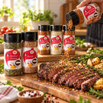 A hand holding a clear plastic shaker from flavor first spice rack dispensing hot you cant taste today seasoning over steak for tasty bbq