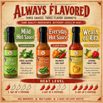 The rita heat flight featuring always hot sauce bottles with mild and everyday hot flavors in green orange and yellow labels