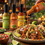 Orange hot sauce labeled always flavored being poured onto tacos from the rita heat flight for everyday hot use