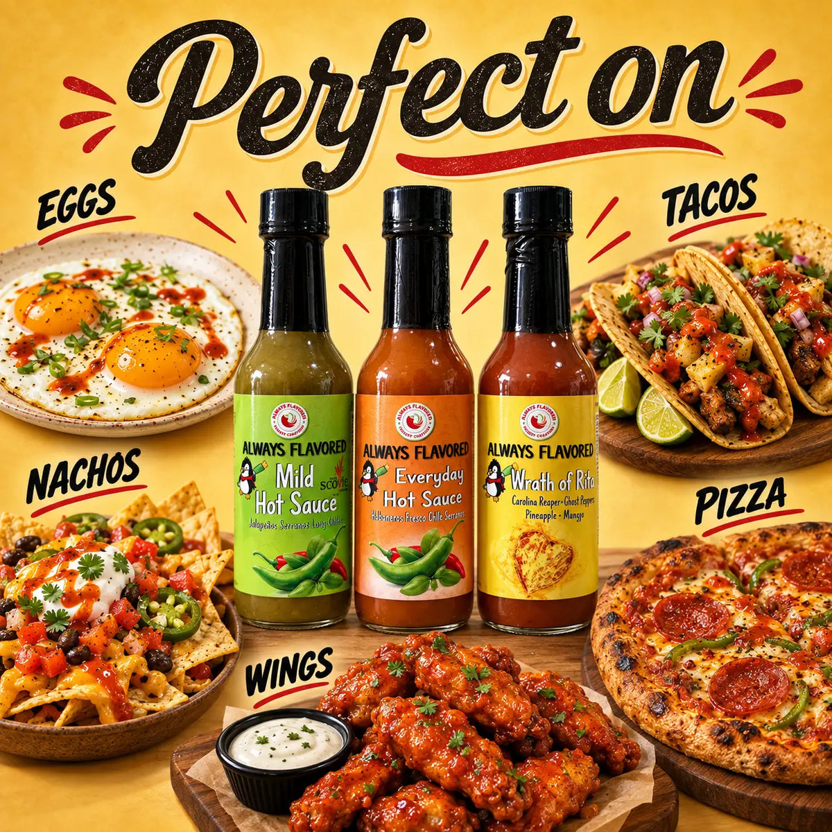 The rita heat flight features three bottles of always flavored hot sauce with mild, everyday hot, and wraith of ric labels