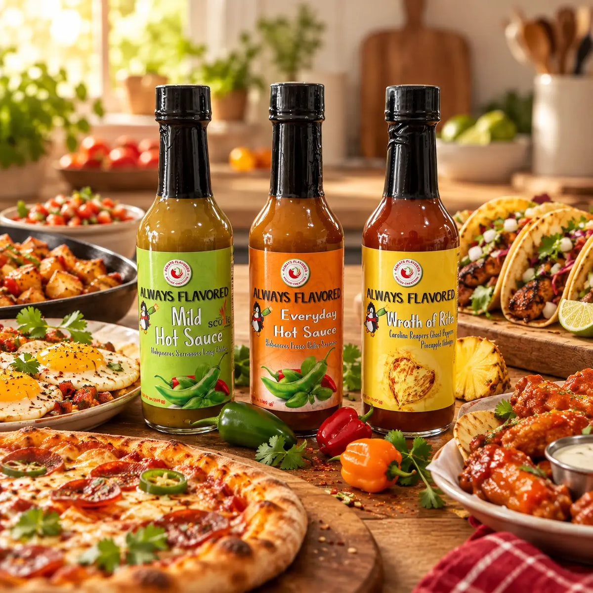 Three glass bottles of rita heat flight hot sauce with colorful chili and pineapple labels for everyday mild hot sauce use