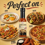 Uncommon Valor hot sauce with serving ideas for eggs, tacos, nachos, pizza, wings and fries