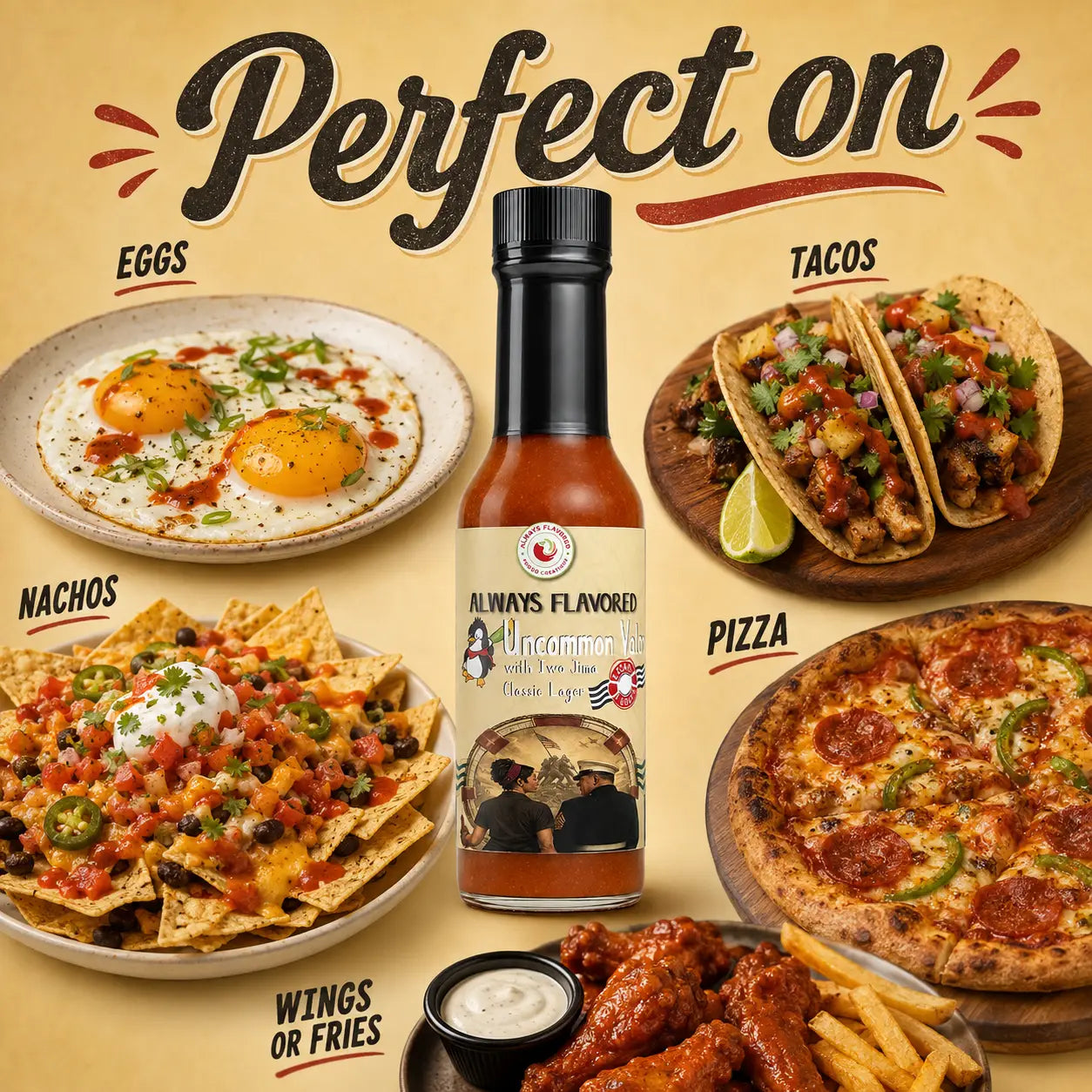 Uncommon Valor hot sauce with serving ideas for eggs, tacos, nachos, pizza, wings and fries