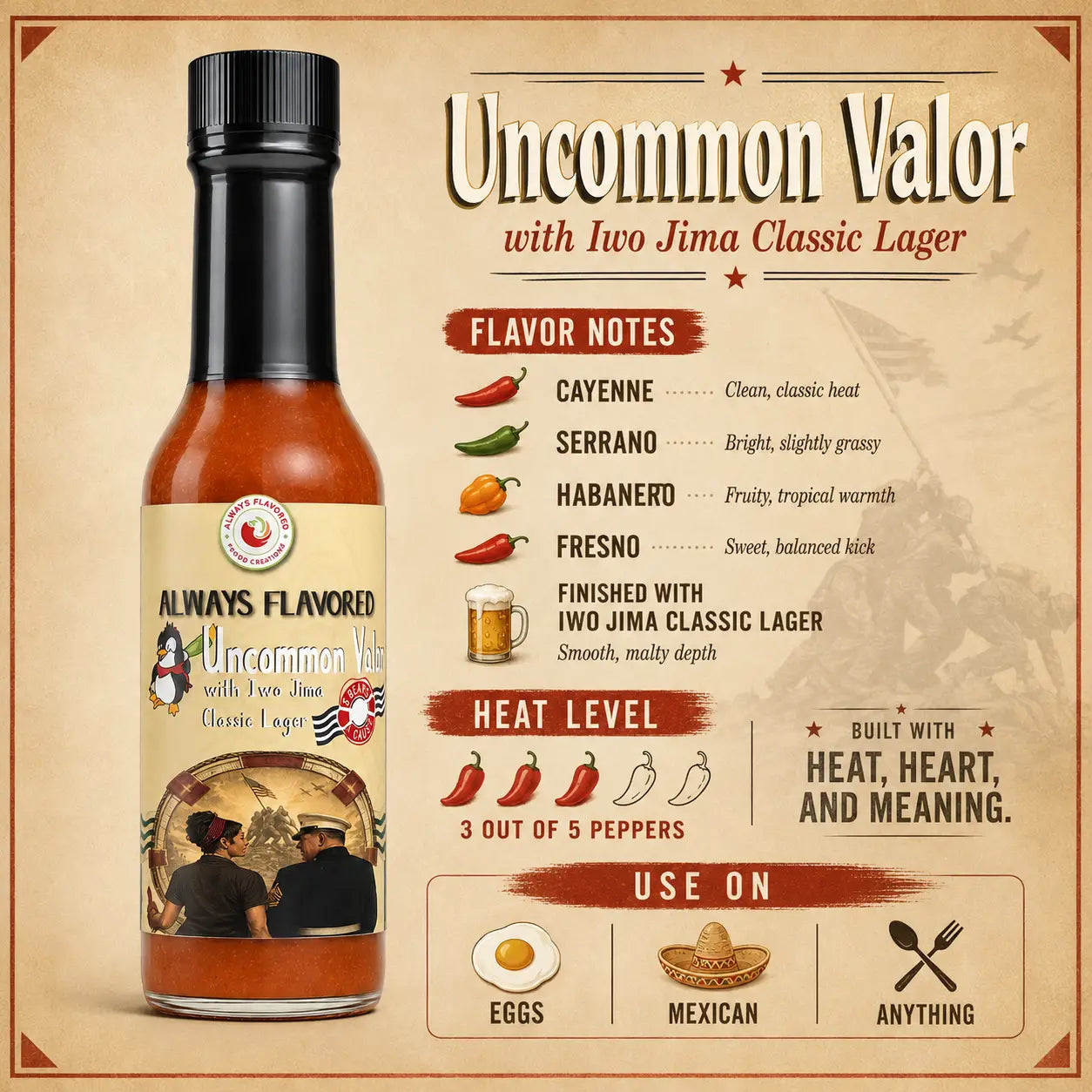 Uncommon Valor hot sauce flavor notes: cayenne, serrano, habanero, Fresno and 3-of-5 heat