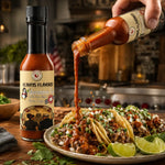 Uncommon Valor hot sauce being poured over tacos in a restaurant kitchen