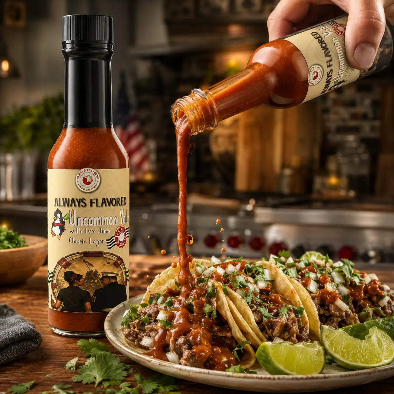 Uncommon Valor hot sauce being poured over tacos in a restaurant kitchen