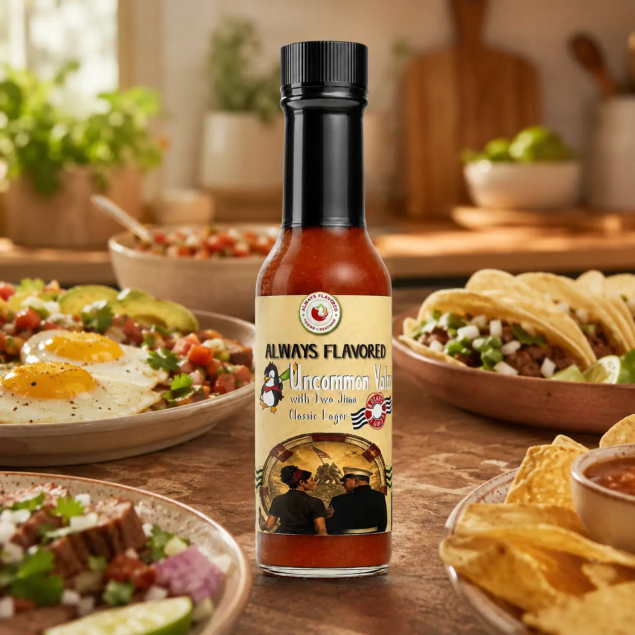 Uncommon Valor hot sauce bottle with eggs, tacos, nachos and other Mexican dishes