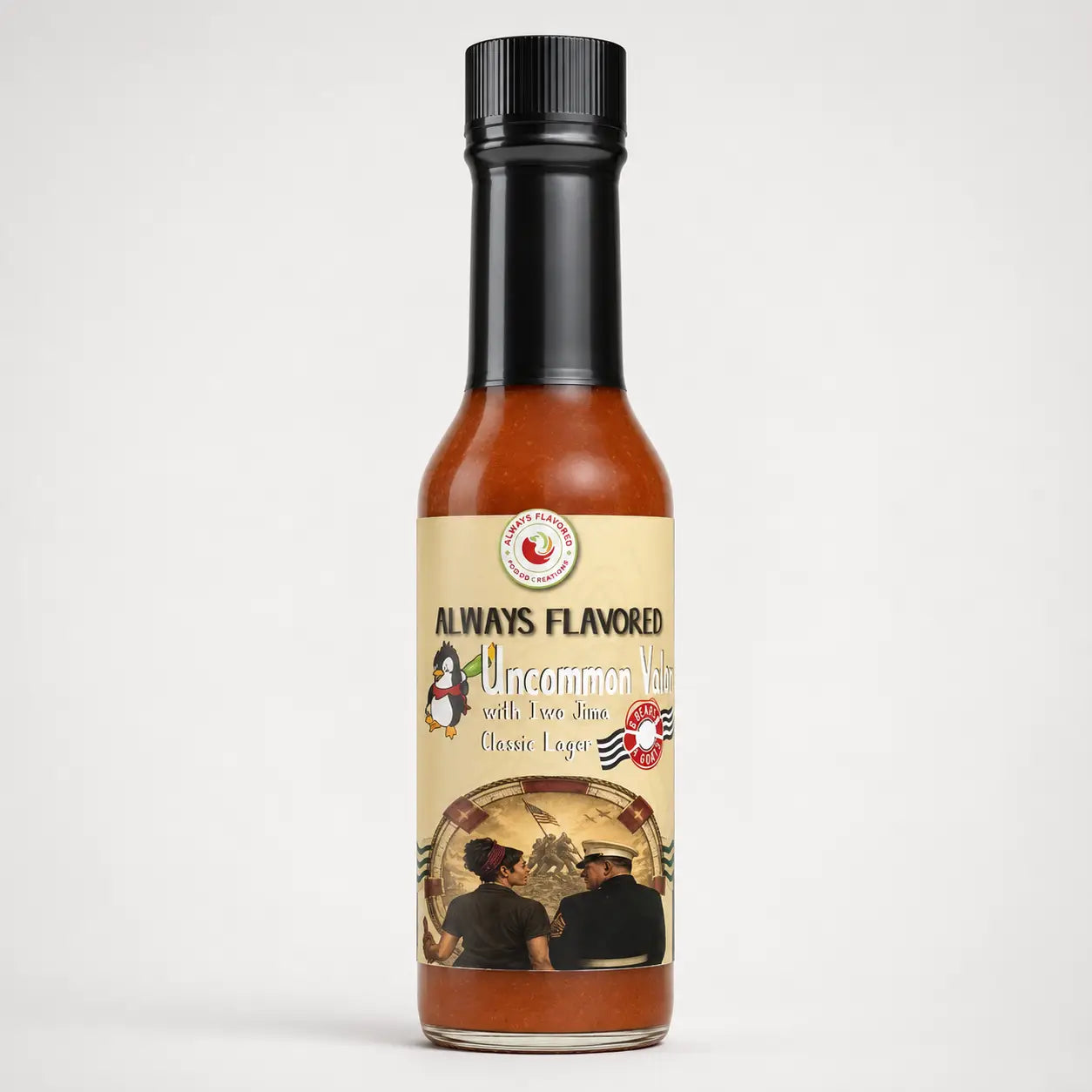 Uncommon Valor hot sauce by Always Flavored with Iwo Jima Classic Lager on a white background